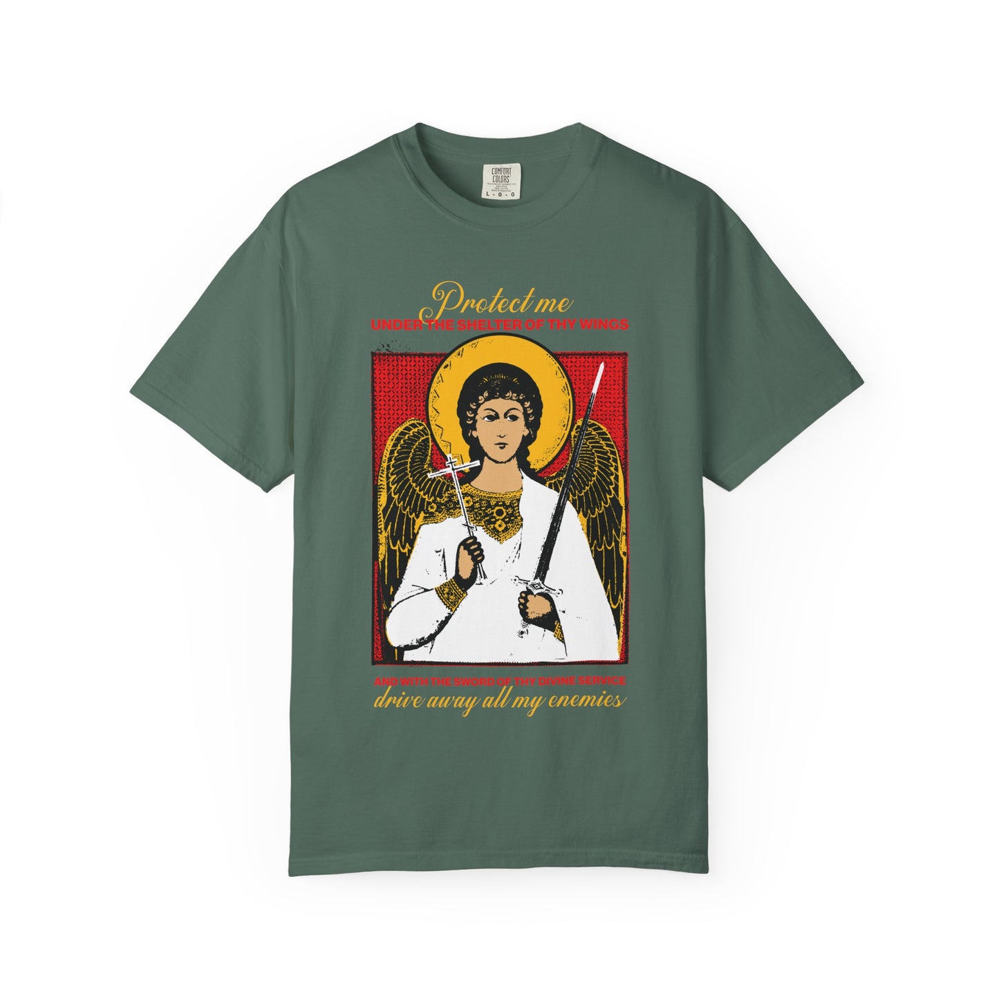 Holy Guardian Angel Holding Sword & Cross Icono-Graphic | Protection Prayer | Drive Away My Enemies | Heavyweight Cotton Unisex T-Shirt