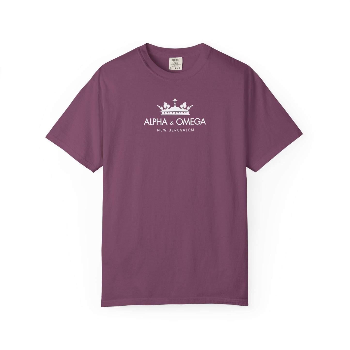 Berry t-shirt featuring a white crown graphic with an Orthodox cross and the text “ALPHA & OMEGA NEW JERUSALEM” on the front, inspired by themes from Revelation, Christ the Eternal Tao, and the Second Coming.