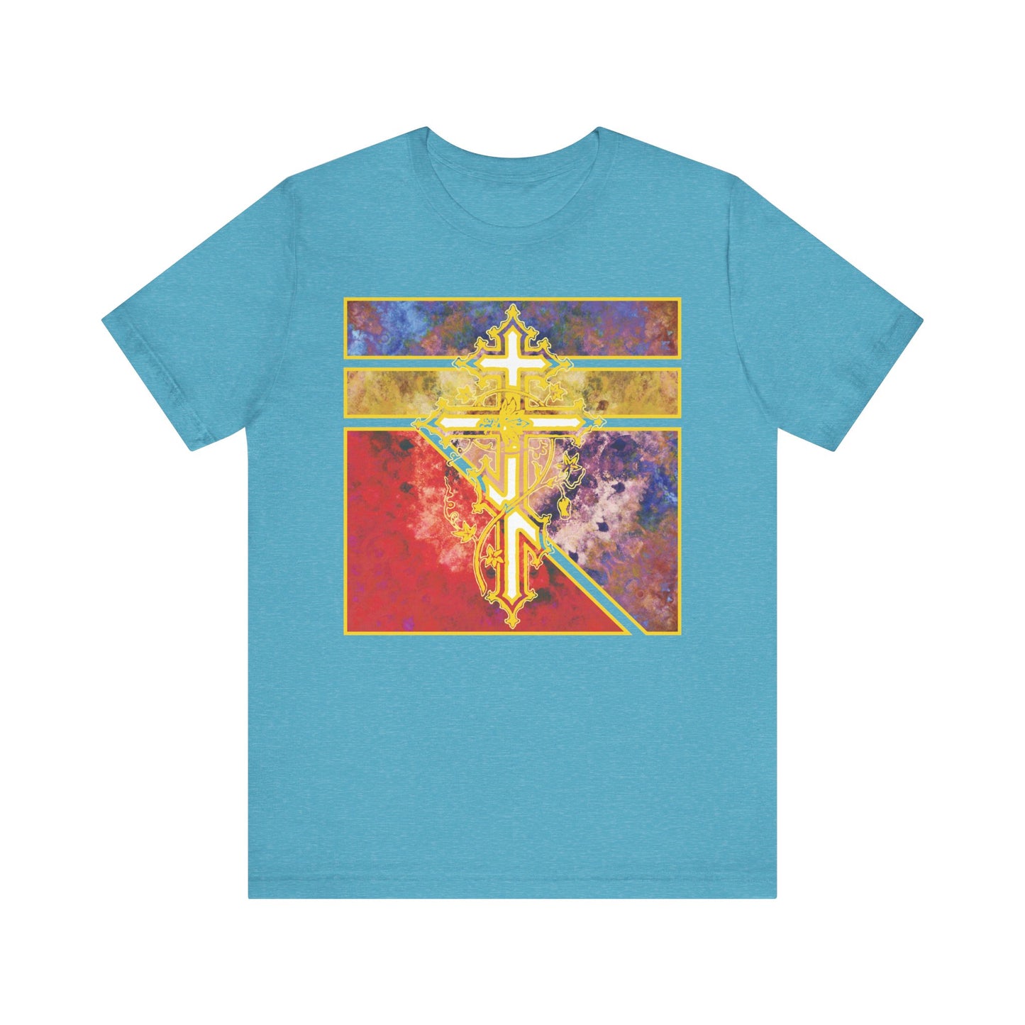 Heather Aqua unisex t-shirt featuring an ornate Orthodox Cross with vine over a textured geometric pattern. Lightweight cotton, Christian design.
