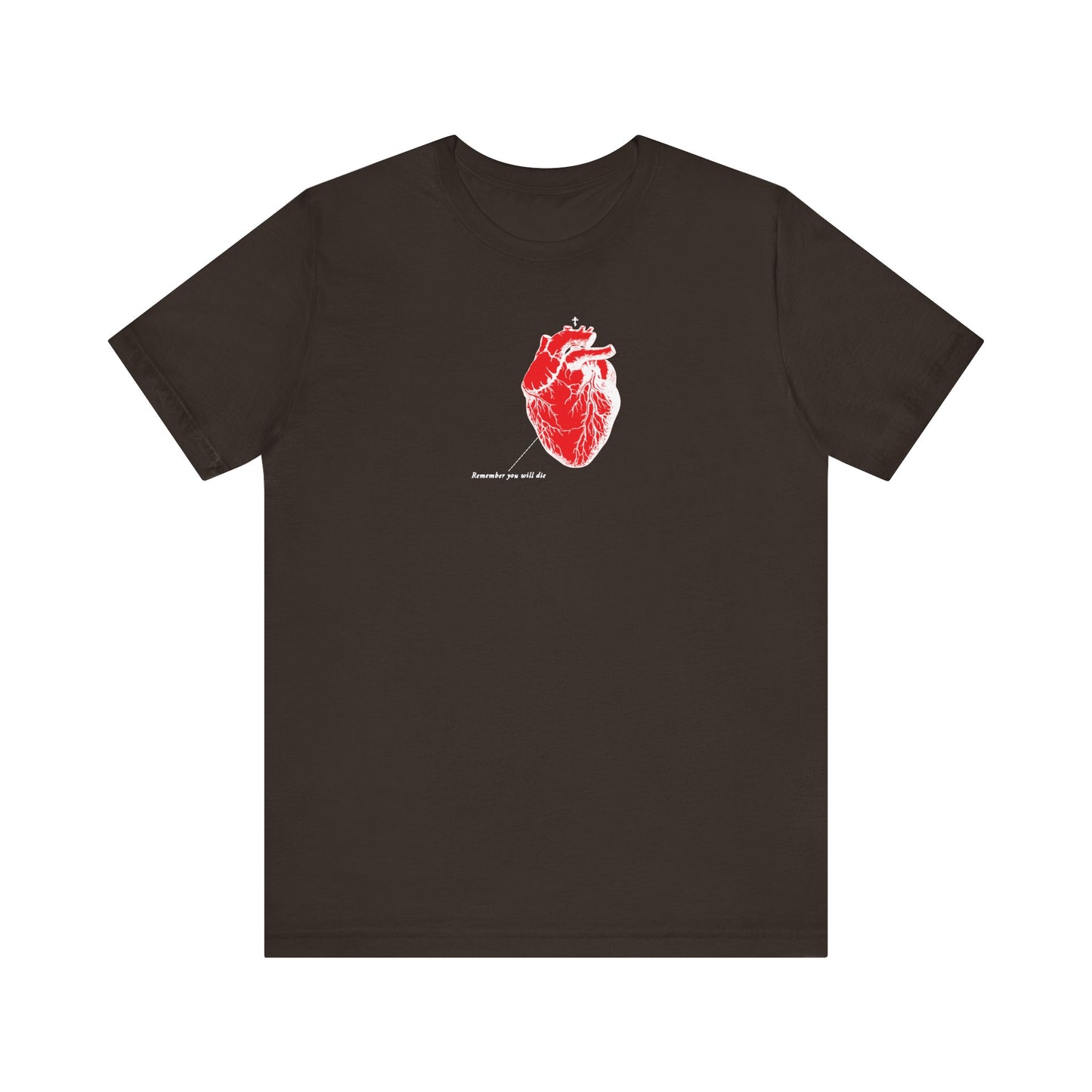 Brown lightweight cotton unisex T-shirt featuring an antique medical textbook heart design with inverted shadows and small white text below, inspired by St John of the Ladder’s teachings on remembrance of death and spiritual mourning.
