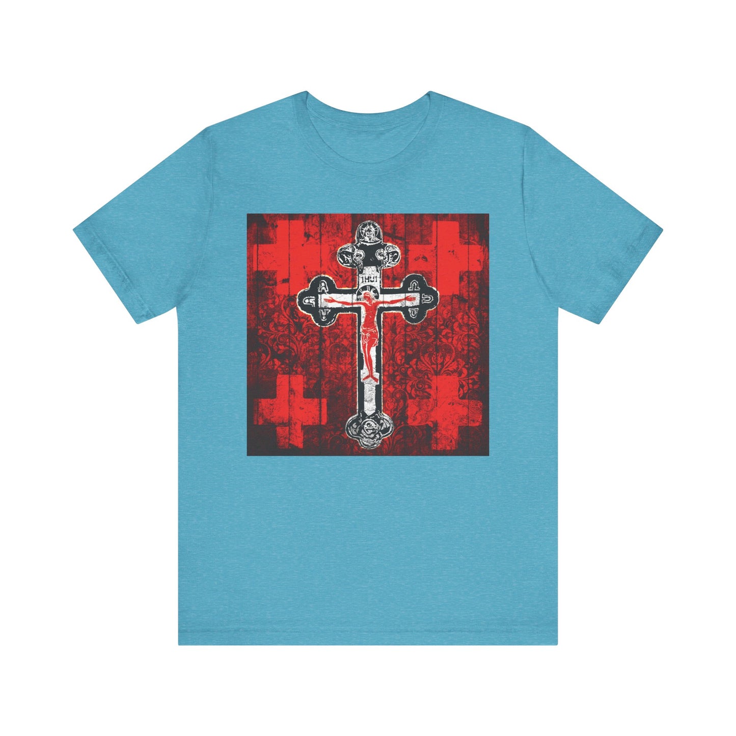 Heather Aqua unisex tee featuring the Alpha & Omega Art Cross—Jesus Christ Crucifix Orthodox IconoGraphic—in a red, white, and black design. Christian lightweight cotton shirt inspired by Great Lent themes.