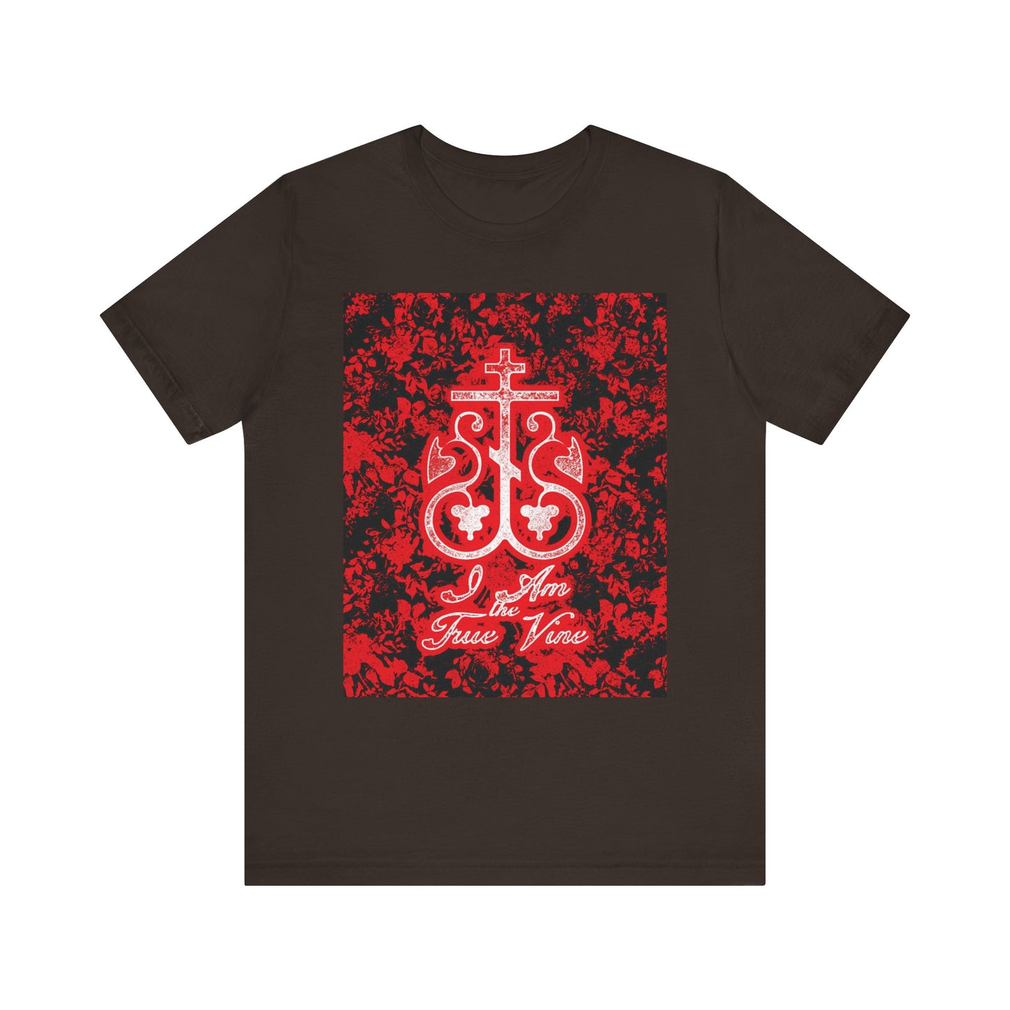 Brown t-shirt with a red and black floral Orthodox cross monogram and "I Am the True Vine" (John 15:1) on the front—a lightweight unisex tee inspiring faith and fruitfulness.