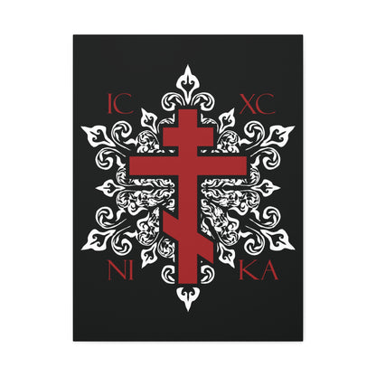 ICXC / NIKA Red Orthodox Cross on Ornate White Medieval Floral Design | Exclusive Best-Selling | Orthodox Christian Canvas Art