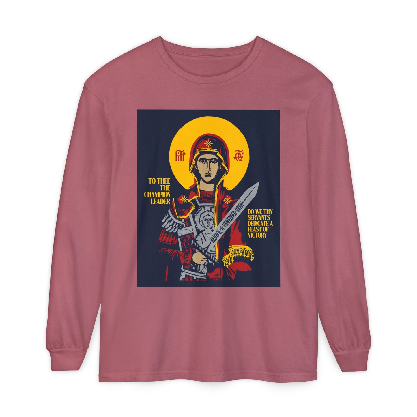 To Thee the Champion Leader | Mother of God | Theotokos with Sword IconoGraphic | Orthodox Christian Long Sleeve Shirt