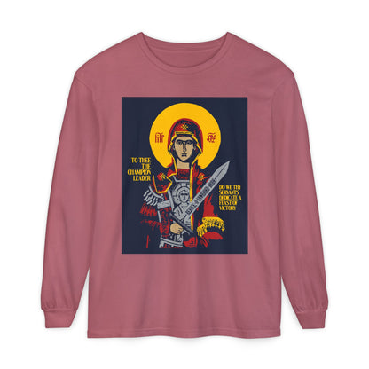 To Thee the Champion Leader | Mother of God | Theotokos with Sword IconoGraphic | Orthodox Christian Long Sleeve Shirt