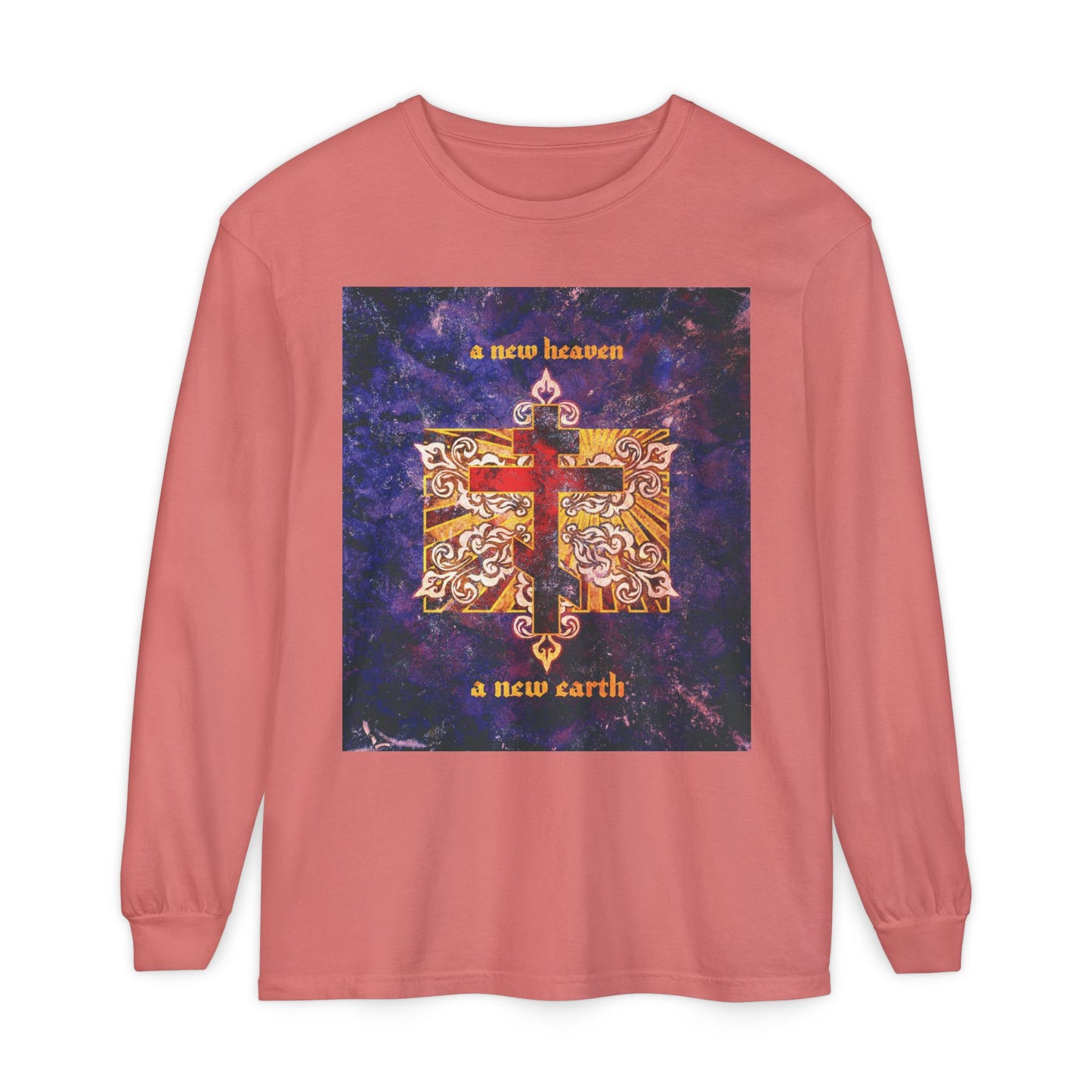 A New Heaven/A New Earth | Red Orthodox Cross on Textured Ornate Background | Red Blue & Gold Design | Orthodox Long Sleeve Cotton Shirt