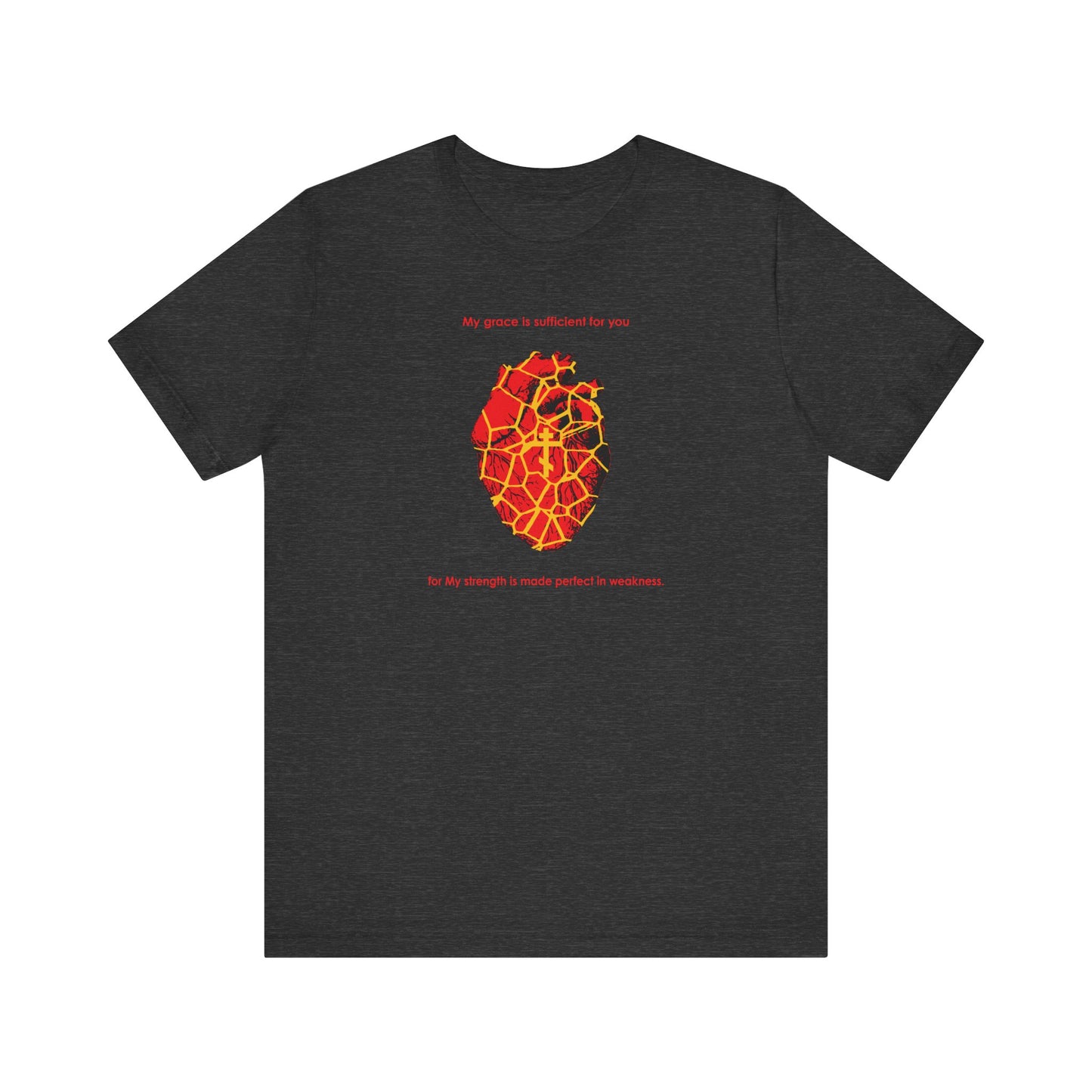 My Strength is Made Perfect in Weakness (2 Cor 12:9) | Kintsugi Style Golden Broken Heart | Orthodox Cross | Lightweight Cotton Unisex Tee