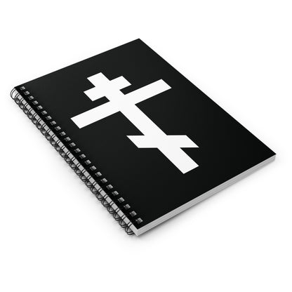 Orthodox spiral notebook with a white Orthodox cross and the quote "May I never boast, except in the cross of our Lord Jesus Christ" (Gal 6:14) on the cover.