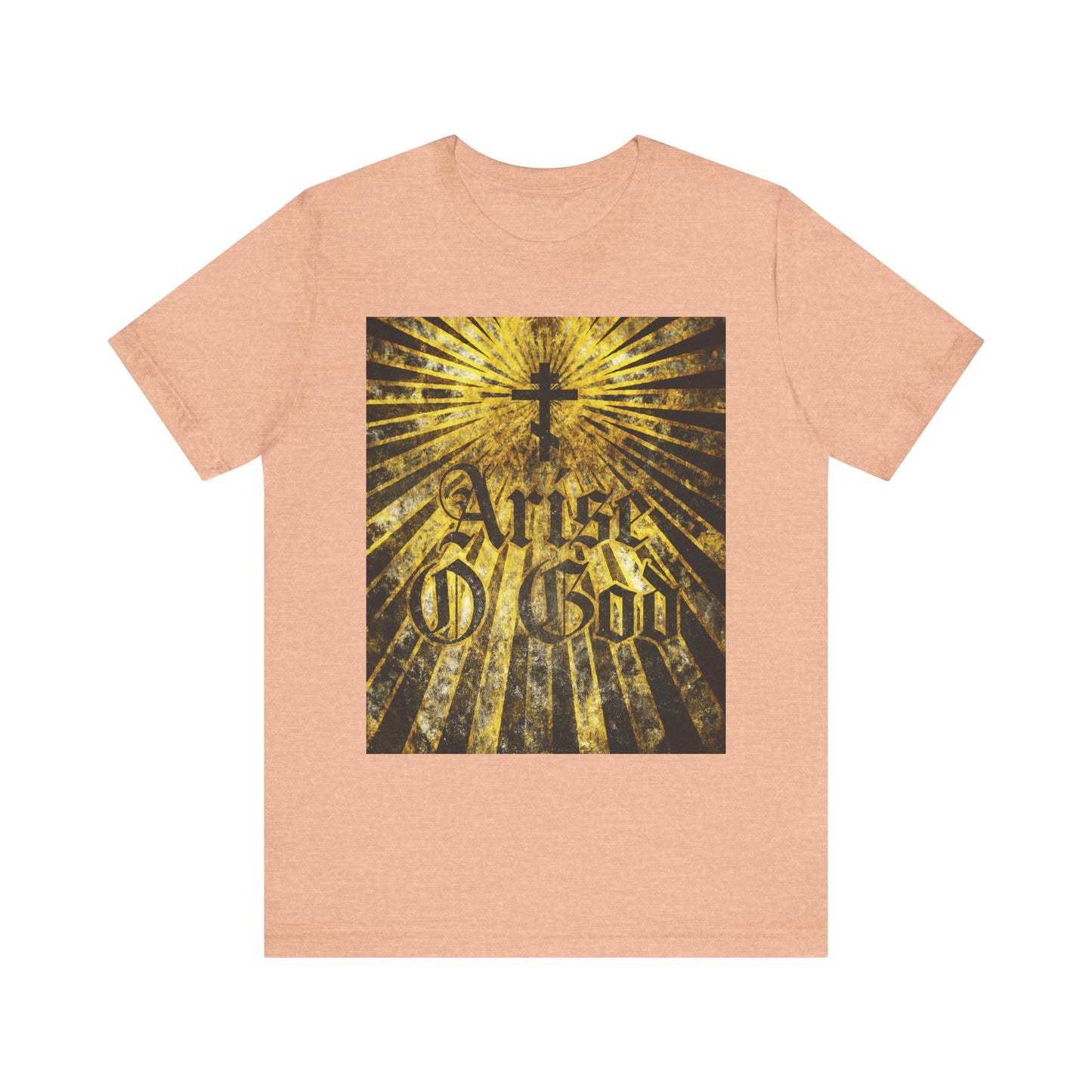 Heather Peach unisex cotton tee featuring an Orthodox cross with golden rays and "Arise O God" in textured gothic font— inspired by Psalm 81 (82 LXX) and Divine Council themes.