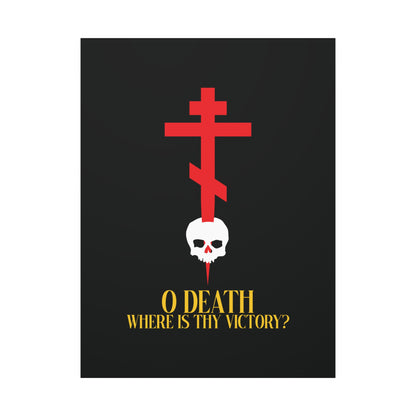 O Death Where is Thy Victory? (1 Corinthians 15:55) | Cross Stabbing Skull | Yellow Text | Orthodox Christian Canvas Art