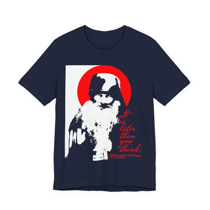 Navy "It's Later Than You Think" t-shirt featuring Fr Seraphim Rose in black, white, and red—a modern Orthodox saint—highlighting the memento mori theme and the urgency of Orthodox spiritual life.