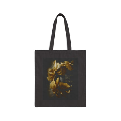 Black tote bag with "Beauty Will Save the World"—a Christian design inspired by Dostoevsky, glorifying Jesus Christ, universal Creator and King. Stylish and meaningful for everyday use.