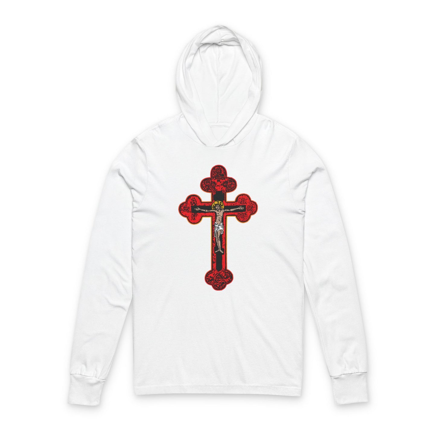 White cotton hooded shirt featuring a large red Byzantine Golgotha crucifix with Alpha & Omega, inspired by Isaiah 53:3-5. "I Am Crucified With Christ" design.