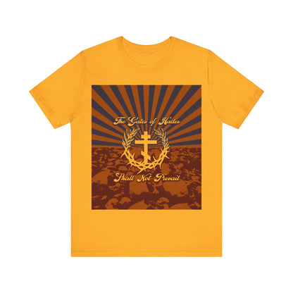 The Gates of Hades Shall Not Prevail | Cross with Wreath & Crown of Thorns | Skulls and Rays | Orthodox Christian T-Shirt