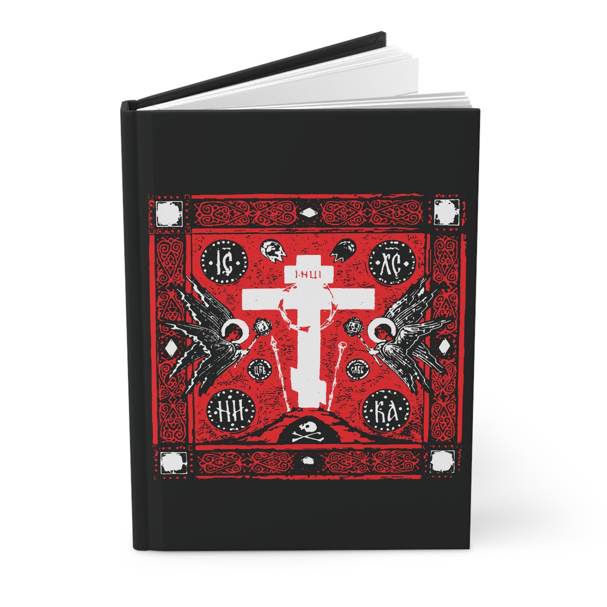 Adoration of the Holy Cross IconoGraphic | Striking Red White and Black Golgotha Design w/ Angels | Orthodox Christian Accessory | Blank Hardcover Journal-Remembrance of Death