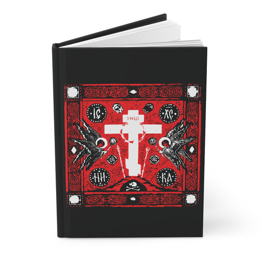 Adoration of the Holy Cross IconoGraphic | Striking Red White and Black Golgotha Design w/ Angels | Orthodox Christian Accessory | Blank Hardcover Journal-Remembrance of Death