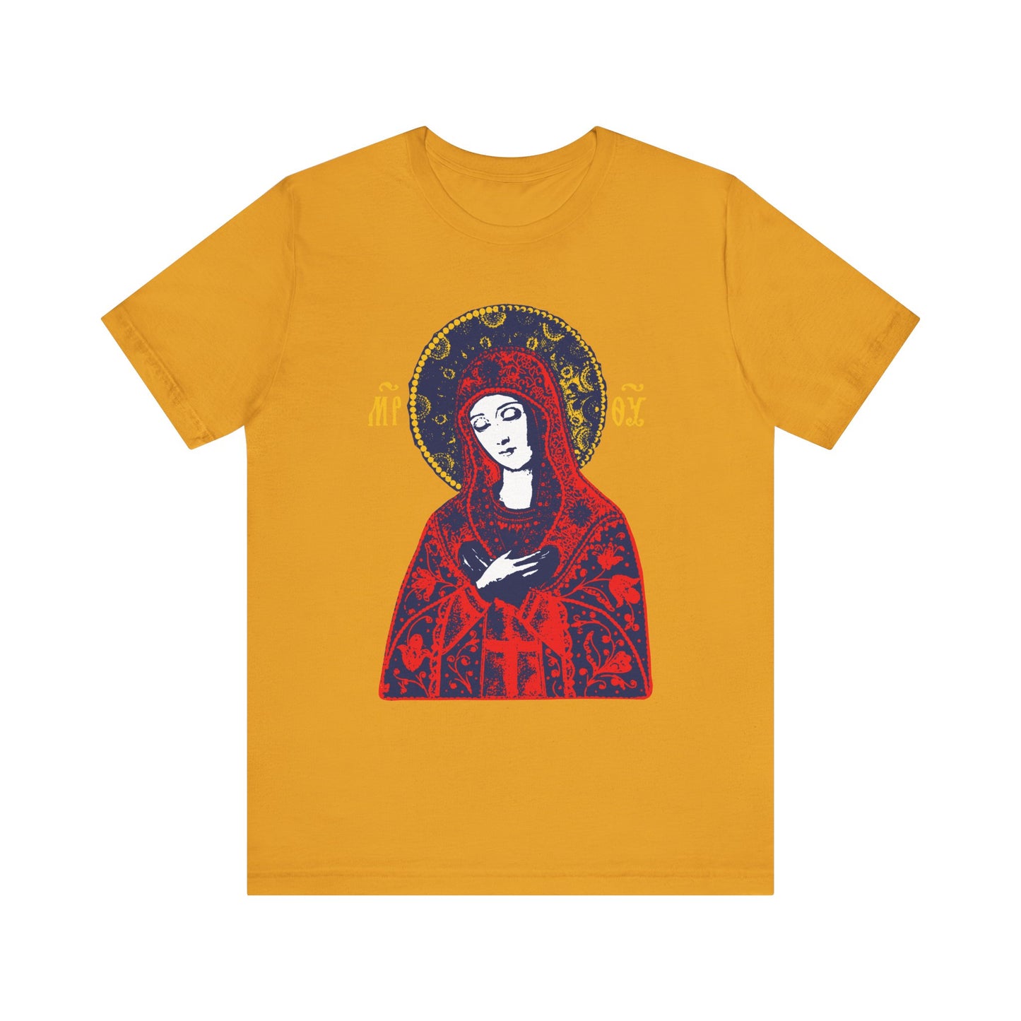 Mustard unisex t-shirt featuring the Joy of All Joys Tenderness Theotokos, inspired by traditional Orthodox iconography, in red, blue, and gold. Lightweight cotton and Christian-themed.