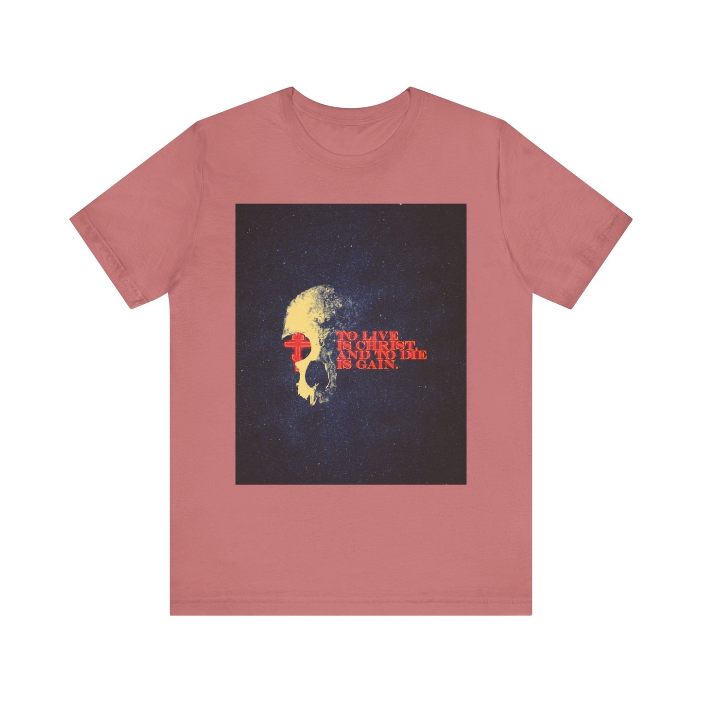 Mauve unisex tee featuring a retro texture, a glowing cross and skull graphic, and the phrase "To Live is Christ and to Die is Gain" (Phil 1:21) in luminous lettering—an eye-catching design inspired by Paul's epistles, crafted from lightweight cotton.