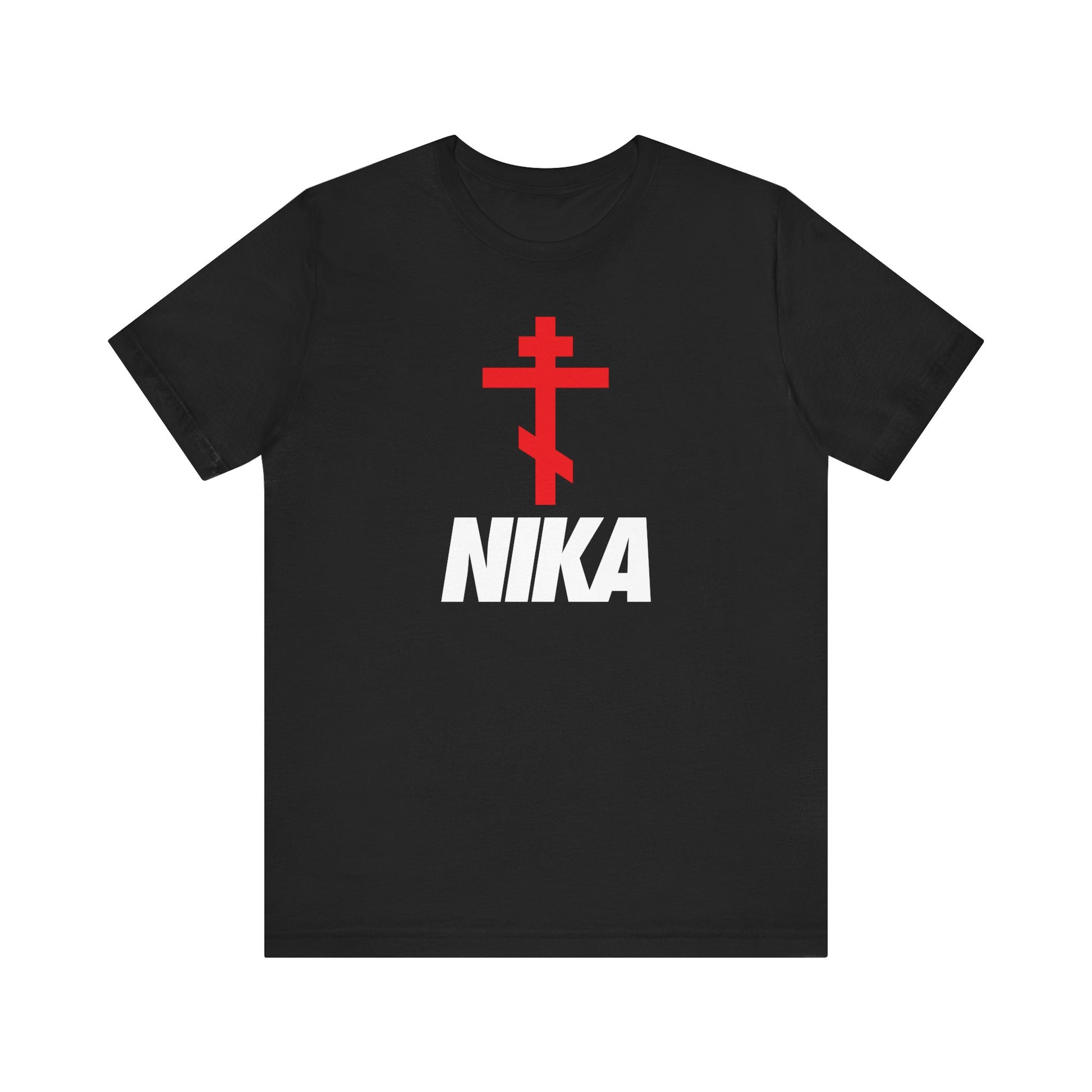 The Black Orthodox Cross with Bold NIKA Text tee features a minimalist Christogram-inspired design above striking white “NIKA” letters—a Christian athletic ascetic style mashup with NIKE, in lightweight cotton unisex fashion.