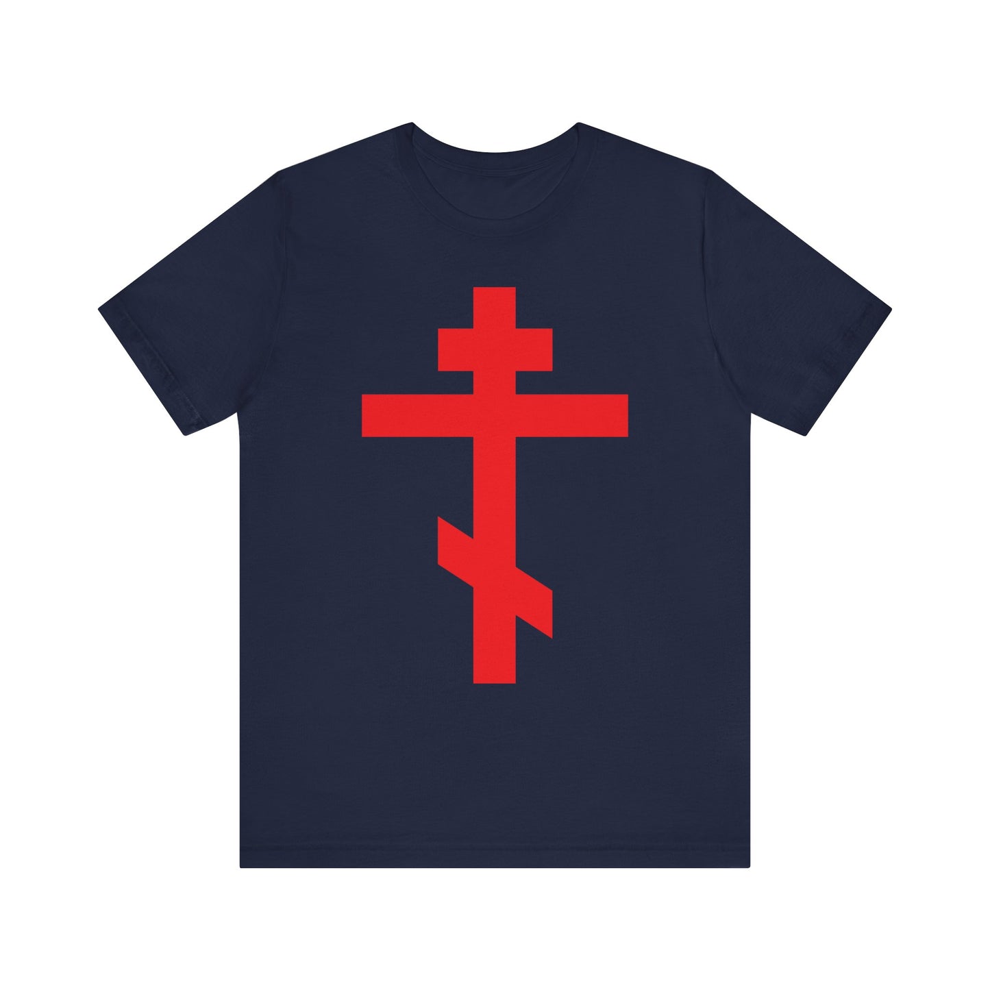 Navy unisex T-shirt featuring a bright red Orthodox Cross and "Preserve Thy People By Thy Cross, O Lord" design. Lightweight cotton, inspired by the Troparion of the Cross.