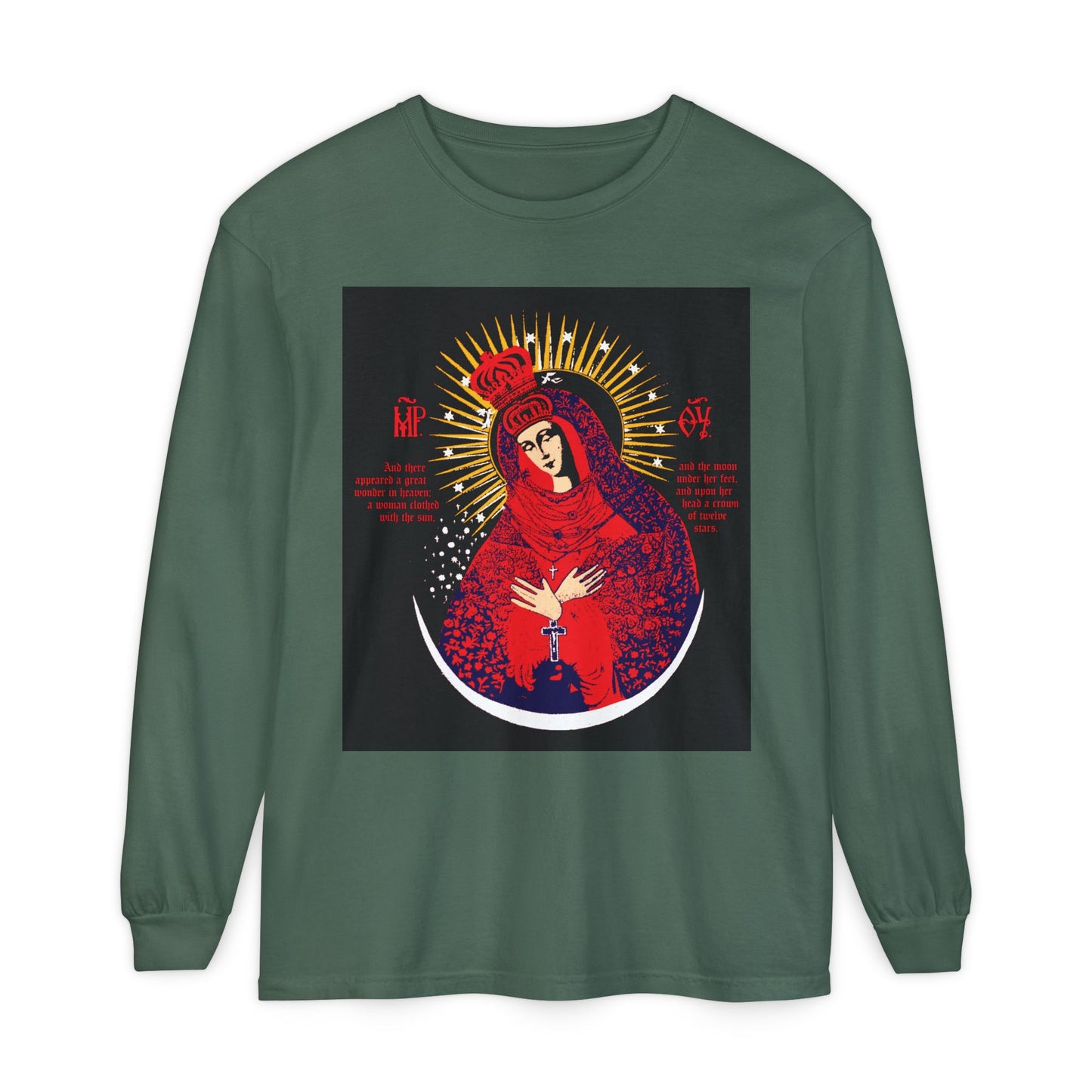 Blue Spruce long sleeve cotton shirt featuring the "Our Lady the Gate of Dawn Icono-Graphic" design: a crowned, haloed woman in red, blue & gold with a chalice, inspired by Orthodox iconography.