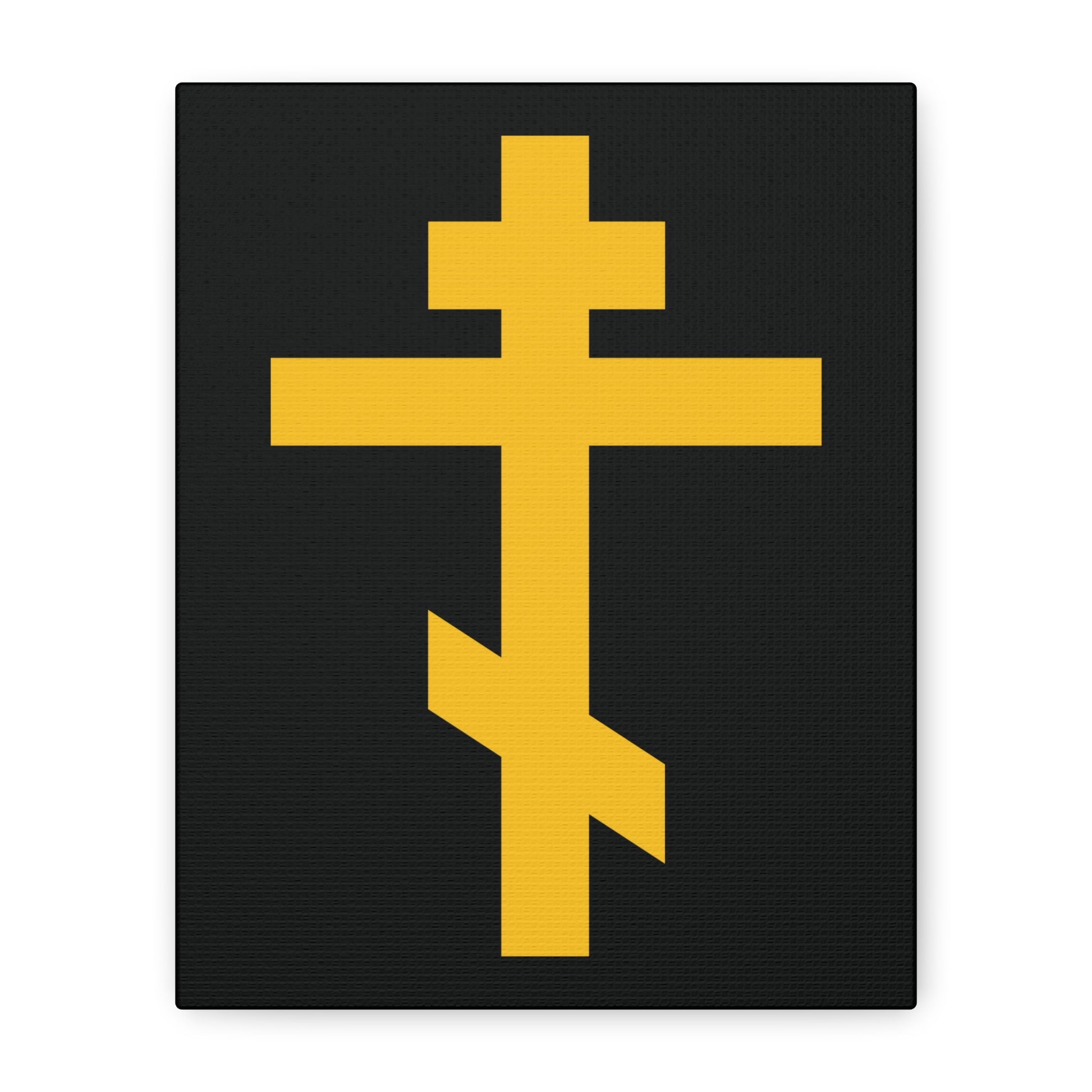 The "Yellow Orthodox Cross Black Background" canvas art symbolizes the precious and life-giving weapon of unseen warfare, a scourge of demons, embodying deep Orthodox faith.