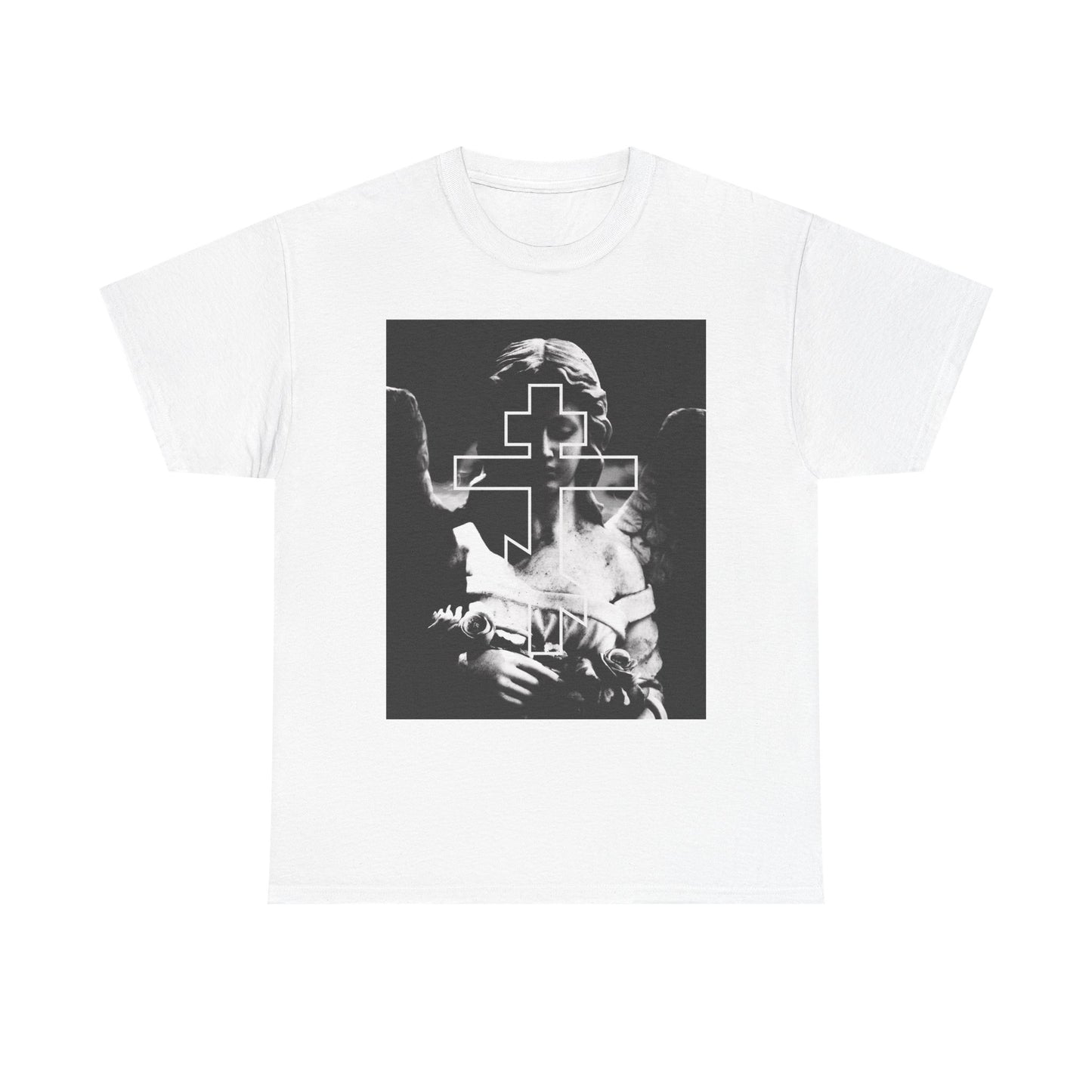 White Cemetery Angel Orthodox Cross tee in grayscale goth aesthetic with "Remember You Will Die" memento mori graphic, on midweight cotton; unisex fit—perfect for expressing your devotion and unique style.