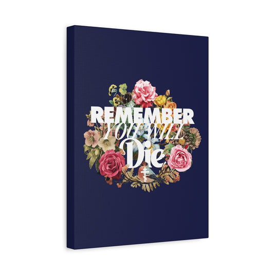 Navy canvas wall art featuring "Remember You Will Die" in classic typography, a cross, and a floral wreath. This Memento Mori Orthodox Christian piece honors St Ignatius Brianchaninov’s wisdom with its reflective design.