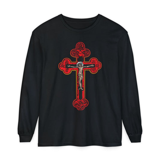 Black long-sleeve cotton shirt featuring a red Byzantine Golgotha Cross with Alpha & Omega, symbolizing "I Am Crucified With Christ" and reflecting Orthodox Christian faith.