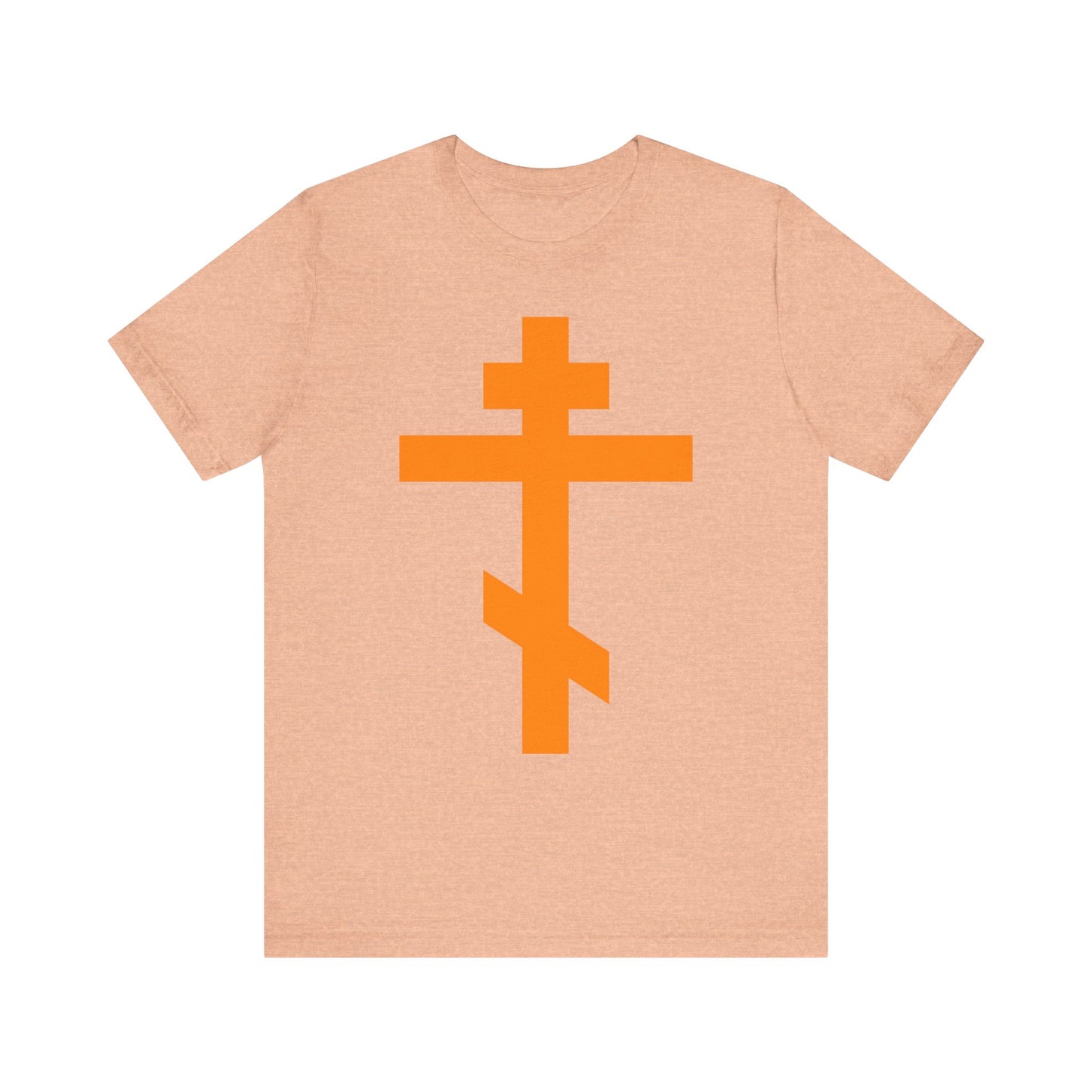 Heather peach unisex tee featuring a bold orange Orthodox tribar cross at the center, inspired by the hymn "Preserve Thy People By Thy Cross, O Lord" and honoring the spiritual legacy of St. John of Kronstadt; lightweight cotton with "Christ is King" design.