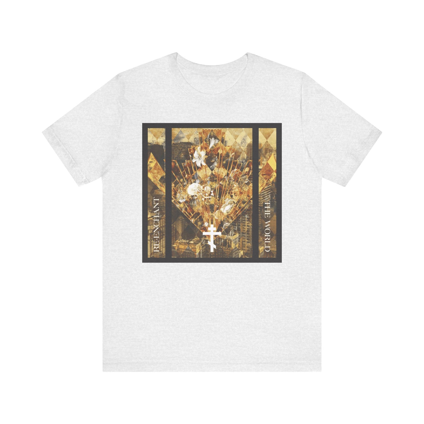 Ash-colored lightweight cotton unisex tee featuring a modern graphic cityscape with a cross and flowers in earthtones, alongside the words RELEVANT and WHITE WORLD on the front—a striking nod to being a Guardian of the Whole World and reflecting the beauty of the Church. Product Name: Re-Enchant the World.