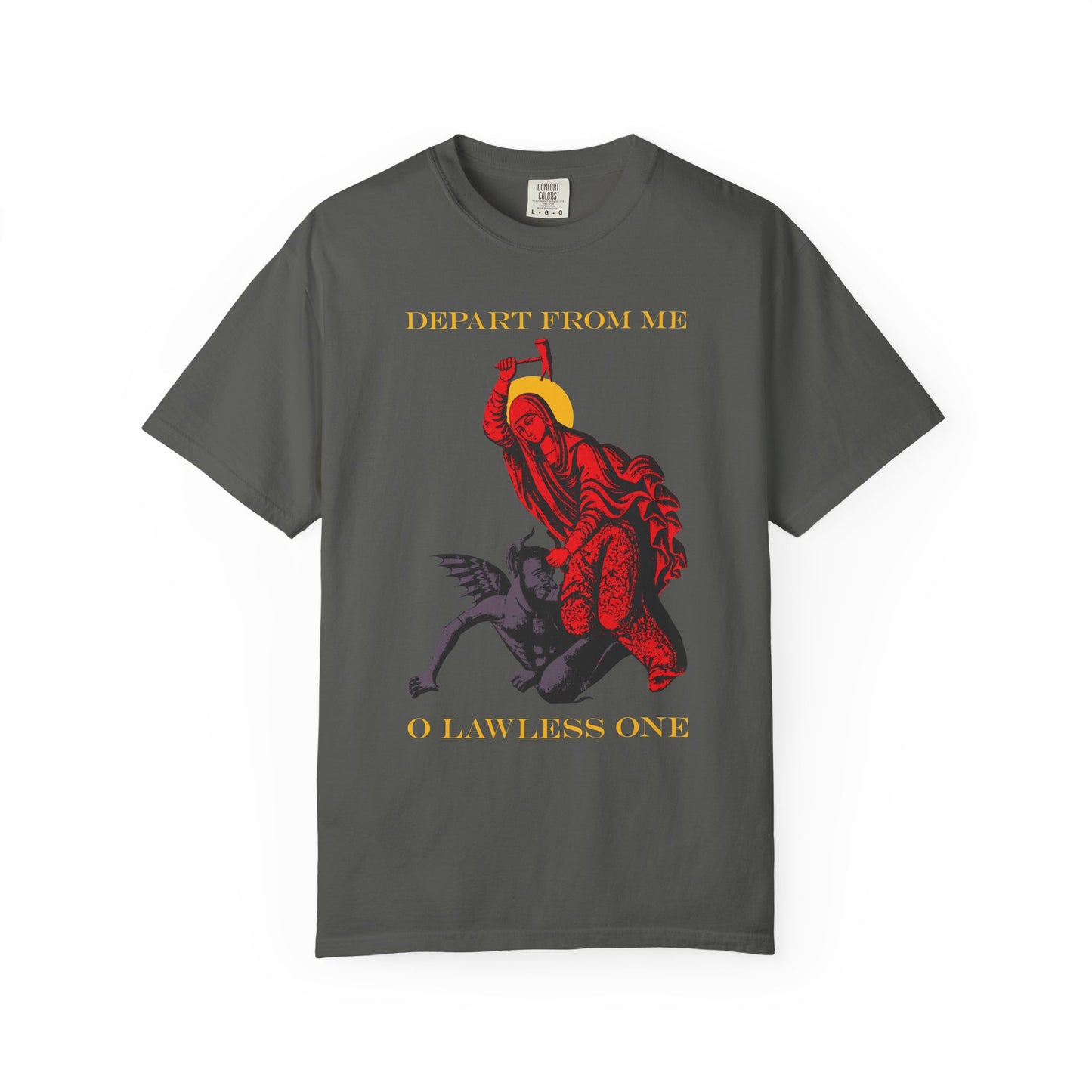 Pepper-colored St Marina IconoGraphic t-shirt showing the saint beating the devil with a hammer, featuring “DEPART FROM ME O LAWLESS ONE”—made from heavyweight cotton, unisex fit.