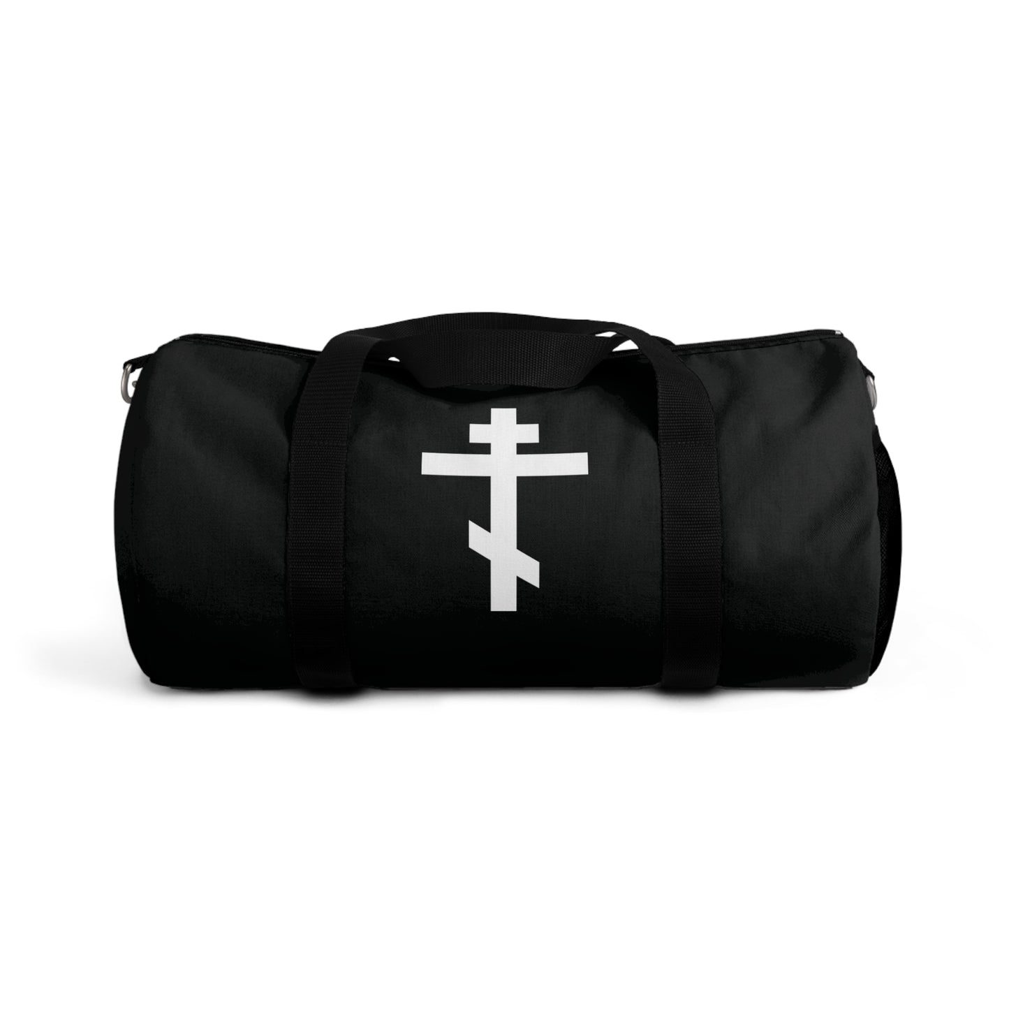 Black gym duffel bag with a white Orthodox cross on the front and the phrase “May I never boast, except in the cross of our Lord Jesus Christ” (Gal 6:14); inspired by Orthodox Christian faith.