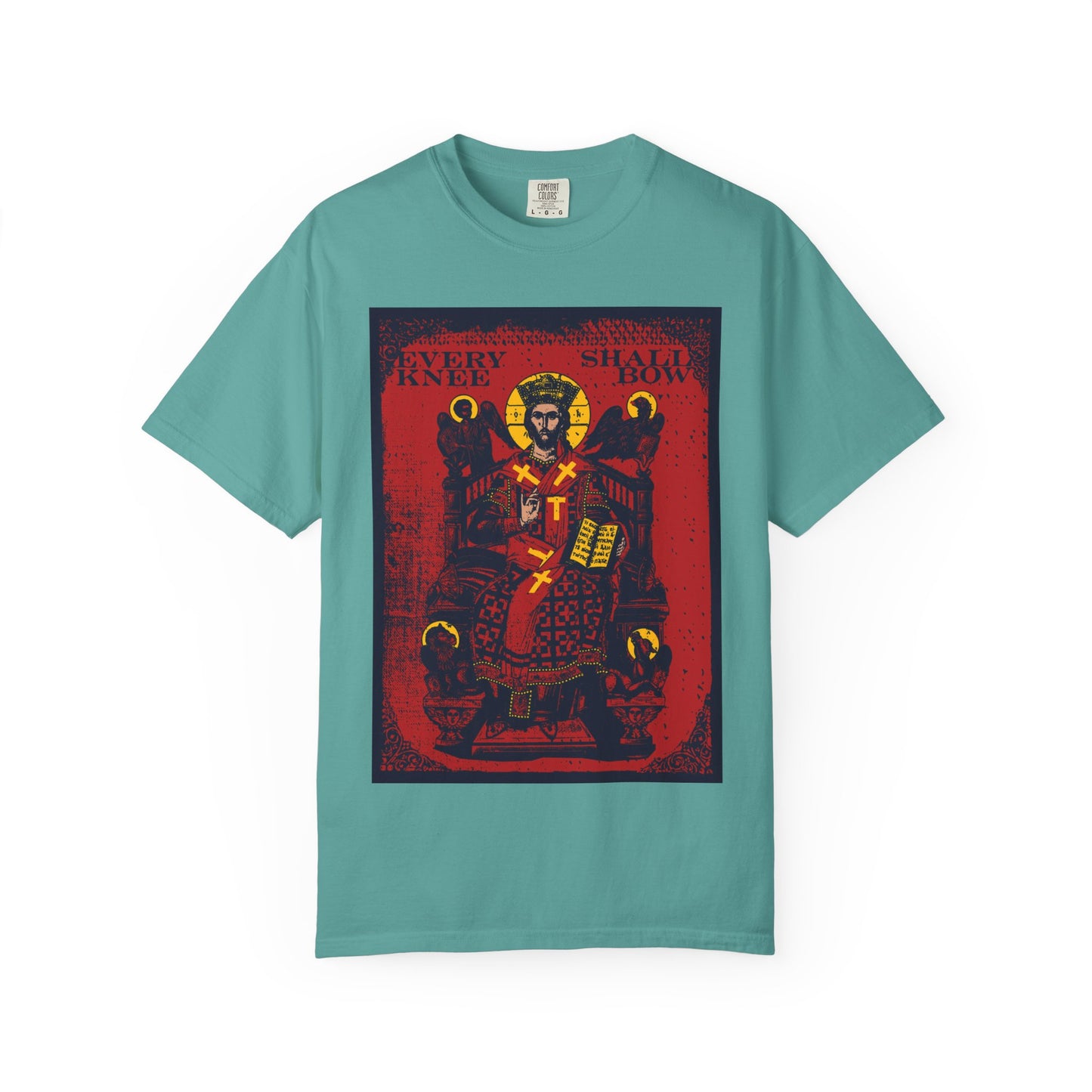 Seafoam heavyweight cotton tee featuring Christ enthroned on Ezekiel’s chariot, with “Every Knee Shall Bow” (Phil 2:8-11, Isaiah 45:23) in bold text—an IconoGraphic design declaring Jesus as Lord.