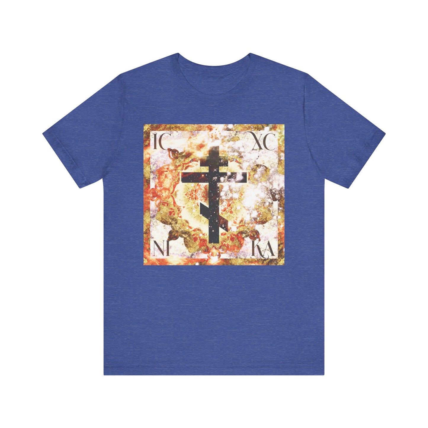 Heather True Royal T-shirt featuring the ICXC NIKA Beige & Brown Textured Glowing Cosmic Art Cross, an ornate Orthodox Christian design symbolizing both the divine and human natures in Christ’s Incarnation. Made from lightweight cotton, this unisex shirt blends comfort with spiritual meaning.