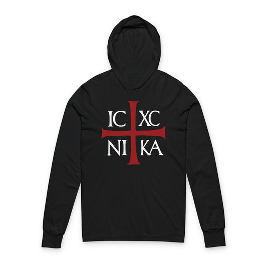 Black Orthodox hooded cotton shirt featuring a red cross with white "ICXC NIKA" text—an ancient Byzantine Christogram meaning 'Jesus Christ Conquers'. Inspired by Romans 8:31-39 and the strength found in Christ’s love.