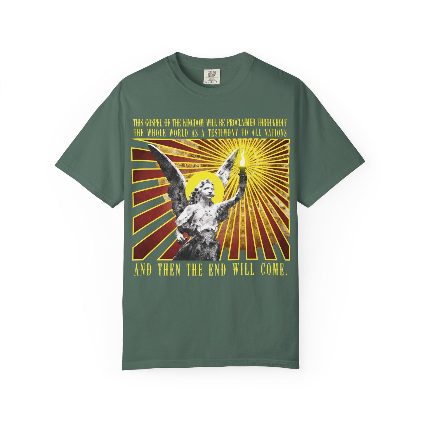 Blue spruce heavyweight cotton unisex T-shirt featuring a graphic of the Cemetery Angel holding a lamp emitting rays, paired with religious text referencing the gospel, warnings of false prophets, and tribulation as depicted in “And Then the End Will Come” (Matthew 24:14).