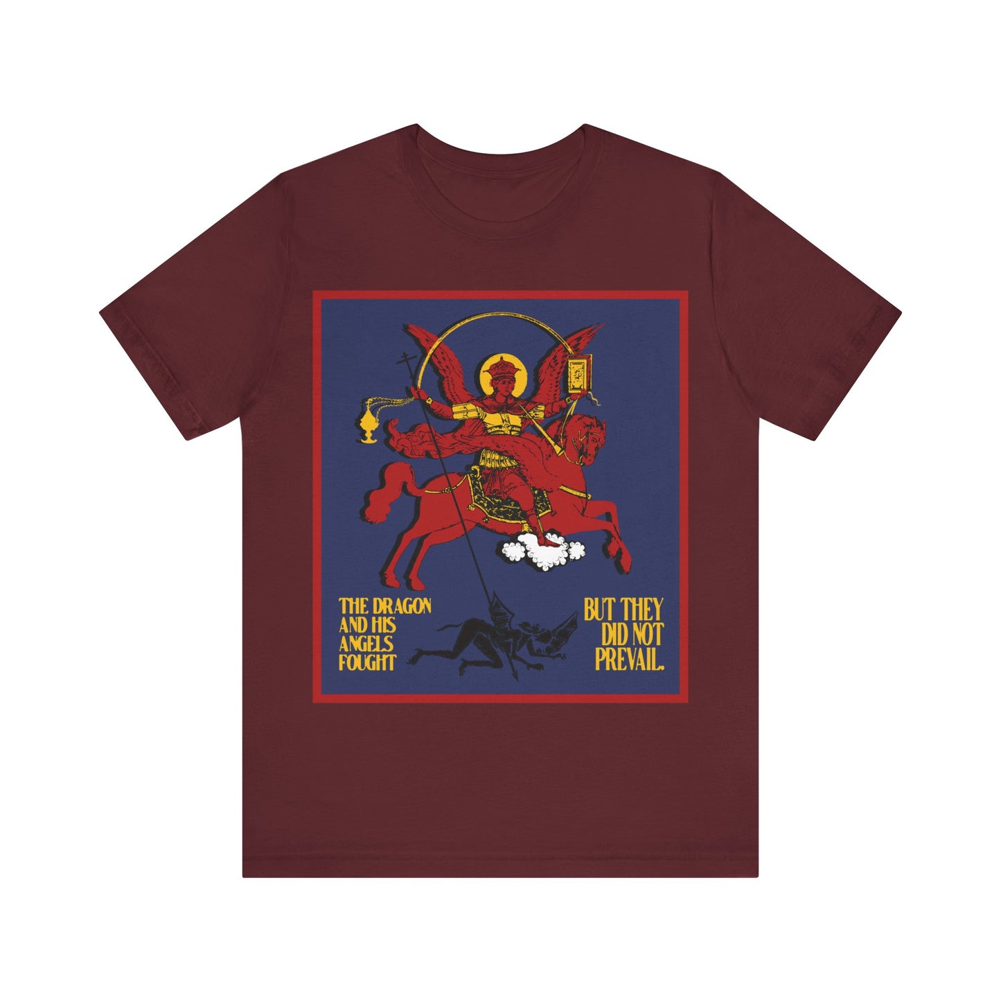 Archangel Michael of the Apocalypse IconoGraphic (Revelation 12:7-8) | Red Angel and Horse on Blue Background | Orthodox Christian T-Shirt