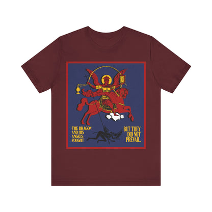 Archangel Michael of the Apocalypse IconoGraphic (Revelation 12:7-8) | Red Angel and Horse on Blue Background | Orthodox Christian T-Shirt