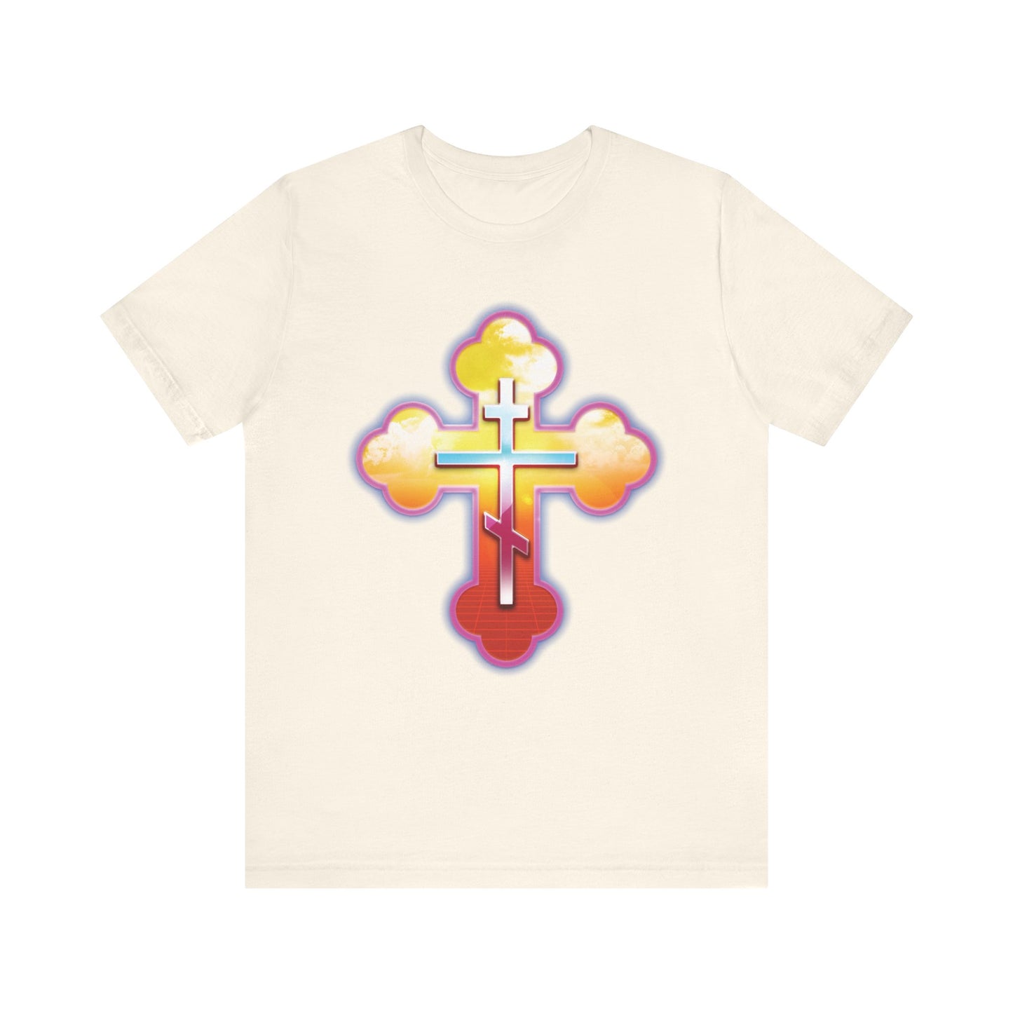80s Synthwave Retrowave Outrun Aesthetic | Glowing & Reflective Gold & Red Three-Bar Cross | Lightweight Cotton Unisex Tee