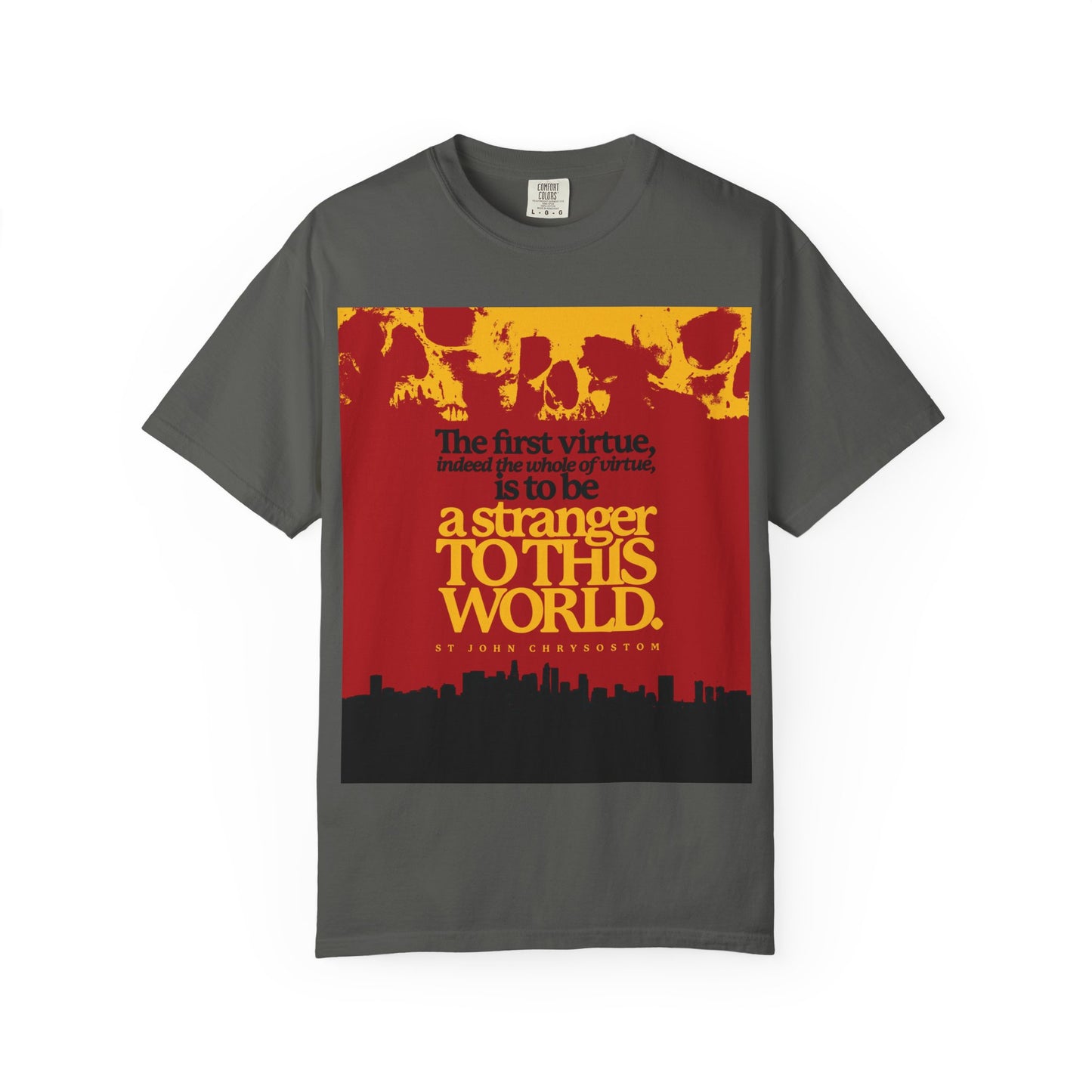 Pepper-colored t-shirt featuring “All of Virtue is Be a Stranger To this World” (St John Chrysostom), skulls & cityscape graphic, Heavyweight Cotton; an Orthodox Christian reminder that we’re strangers and pilgrims on our journey.