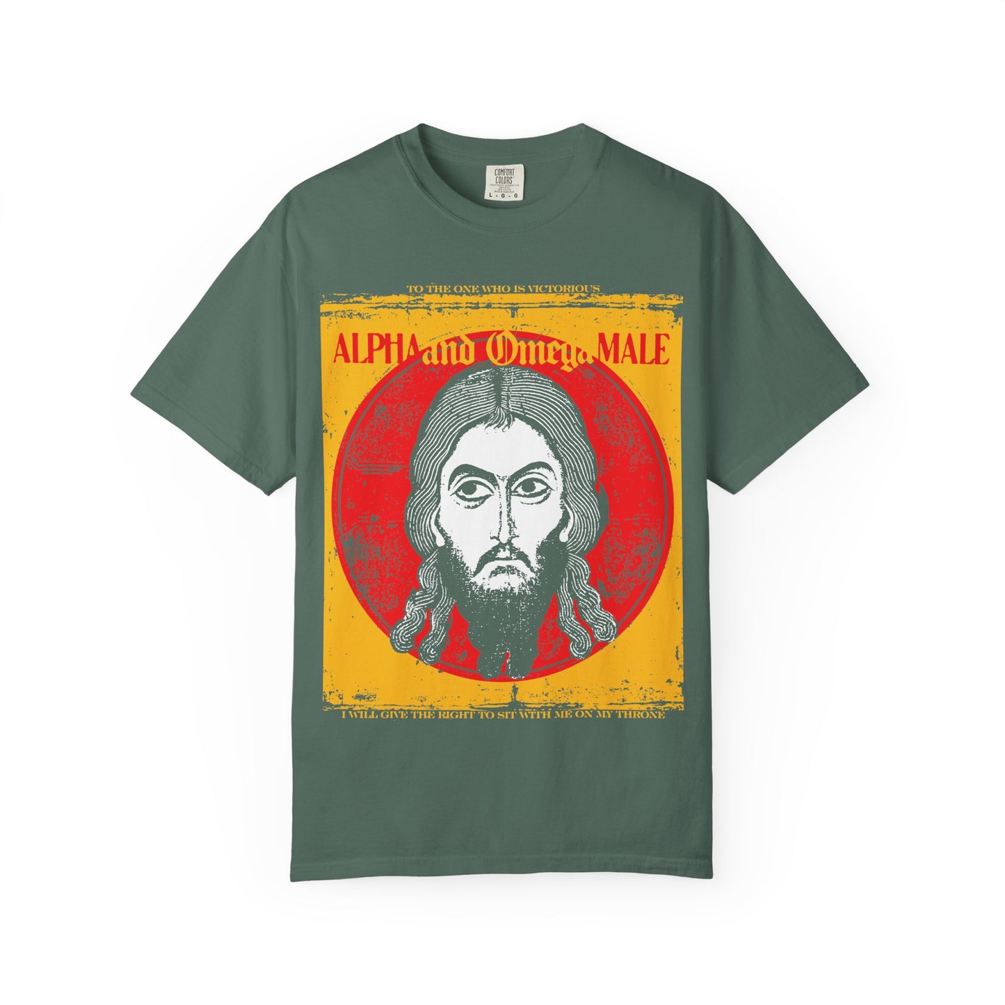 Blue Spruce t-shirt featuring an IkonoGraphic image of Jesus Christ (Image of Edessa) with a striking red and yellow halo, accompanied by the text “Alpha & Omega” referencing Revelation scripture. “MALE” is printed on the front. Part of the “To the One Who Is Victorious” Orthodox heavyweight cotton unisex tee collection.
