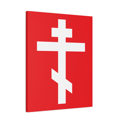 The "White Orthodox Cross Red Background" canvas art features a white Orthodox cross on red, with the verse "May I never boast, except in the cross of our Lord Jesus Christ" (Gal 6:14), displayed on a vertical rectangular canvas.