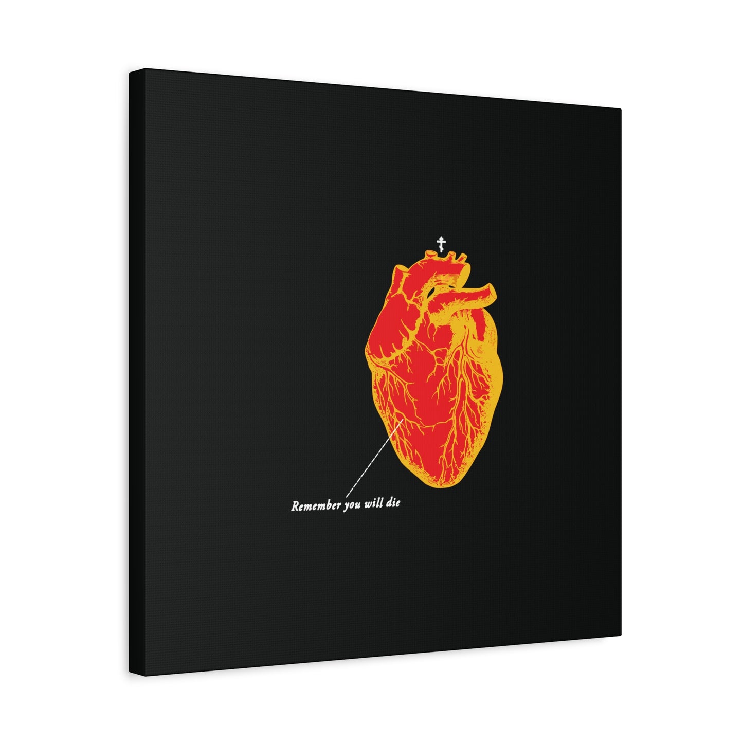 The "Remember You Will Die Retro Medical Textbook Heart" canvas features an inverted red & orange heart on black with text: Remember your soul and that you will face death. Orthodox Christian Memento Mori wall art.