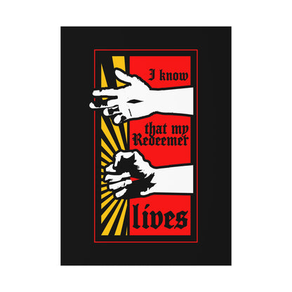 Featuring a bold red background with a resurrected Jesus fist and “I know that my Redeemer lives” (Job 19:25), this comic book style Orthodox Christian art poster expresses faith and hope in divine power.