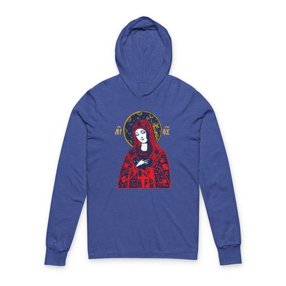 Joy of All Joys Tenderness Theotokos Iconographic Based on Traditional Orthodox Iconography | Red Design | Orthodox Long Sleeve Hooded Shirt