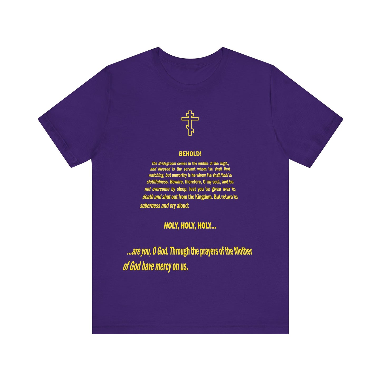 Team Purple "Behold the Bridegroom" Orthodox Christian unisex tee, featuring a St@r W@rs title crawl-inspired design referencing Bridegroom Matins during Holy Week. Lightweight cotton, yellow text with cross on the chest.