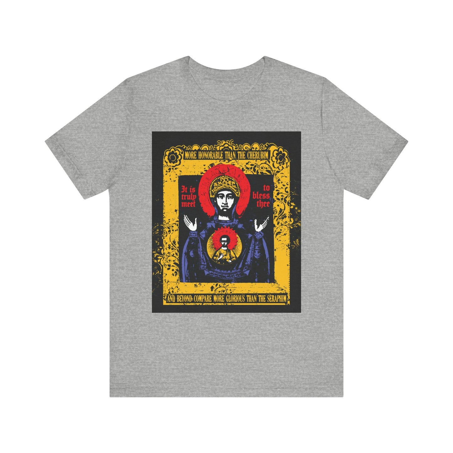 Athletic Heather t-shirt featuring a vibrant religious icon and yellow text outlined in black and gold, depicting the haloed Theotokos in reverent detail and incorporating verses from the Axion Estin hymn, as seen on the "It is Truly Meet To Bless Thee Iconographic | Axion Estin Hymn to the Mother of God Theotokos | Orthodox Lightweight Cotton Unisex Tee.