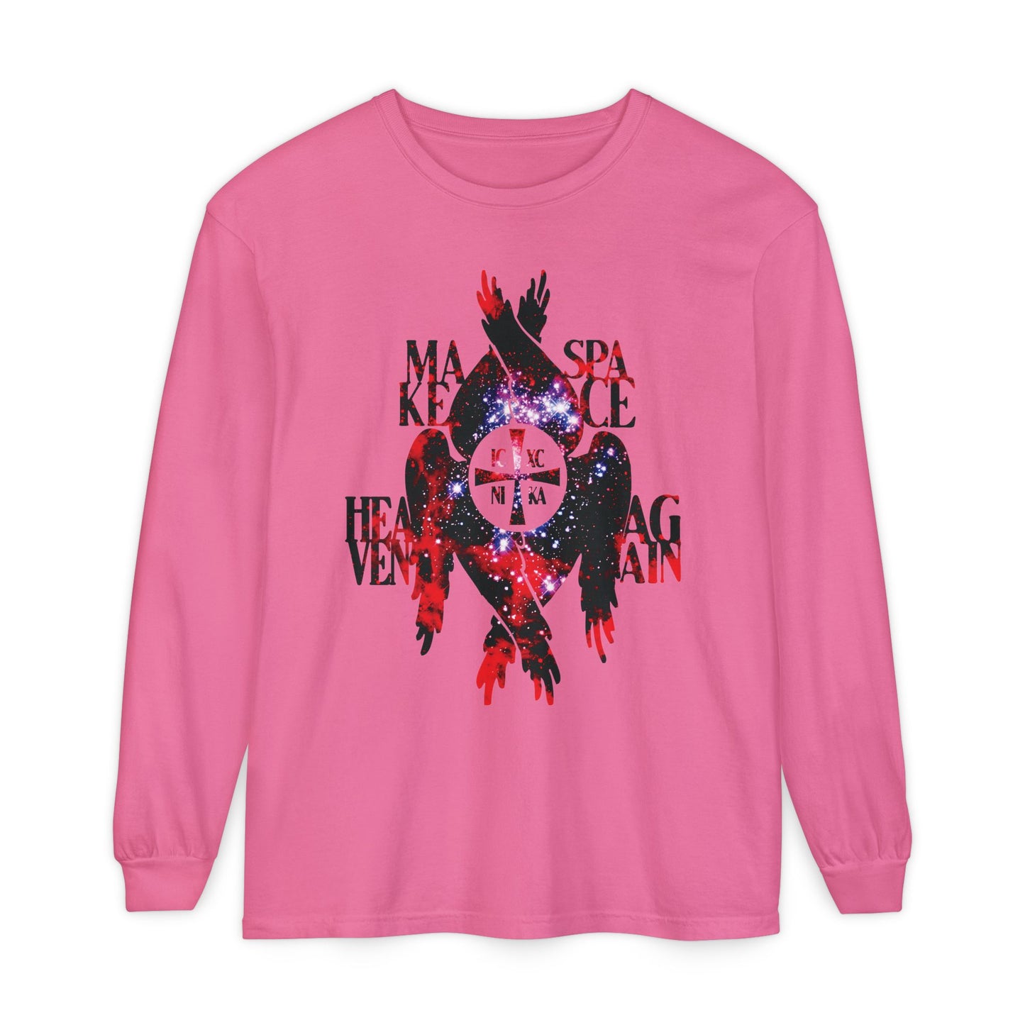 Crunchberry long-sleeve “Make Space Heaven Again” shirt features a cosmic ICXC NIKA cross, Seraphim wings, and textured art, inspired by Orthodox Christian themes of the seven heavens.