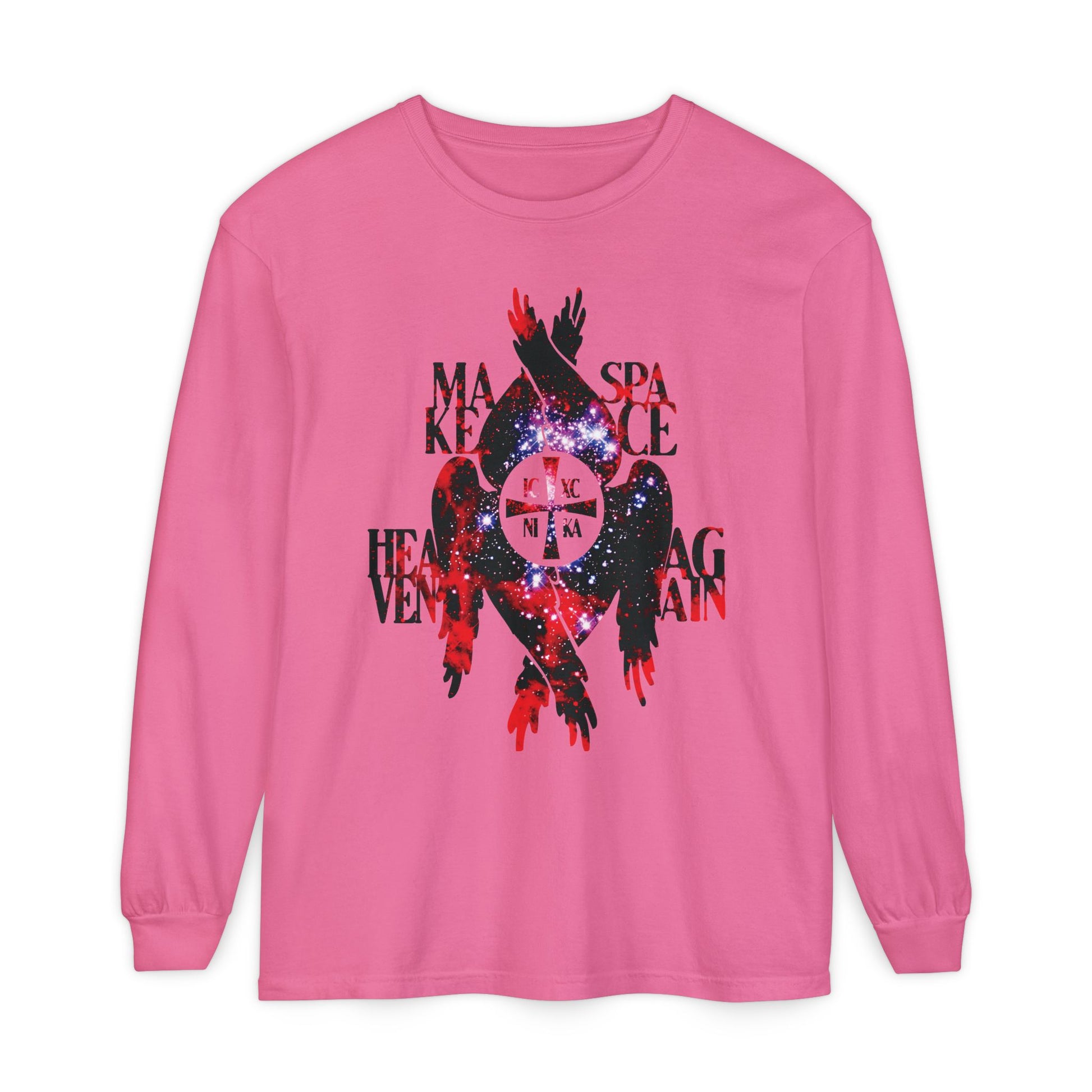 Crunchberry long-sleeve “Make Space Heaven Again” shirt features a cosmic ICXC NIKA cross, Seraphim wings, and textured art, inspired by Orthodox Christian themes of the seven heavens.